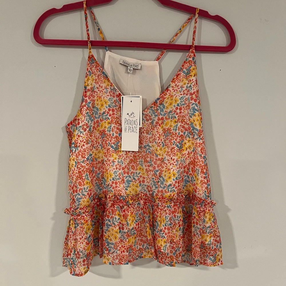 Patrons of Peace Orange Pink Ruffled Peplum Camisole